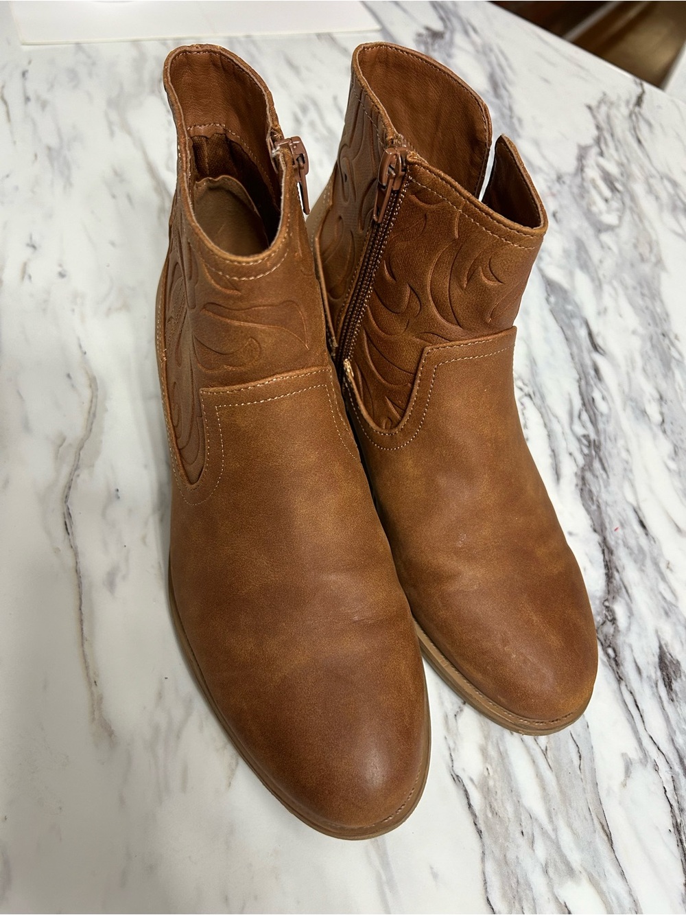 Jessica Cline Girls Tan Brown Zip Ankle Boots with Embossed Detail
